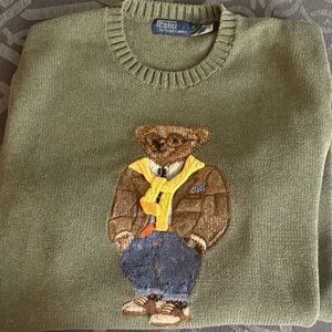 Polo by Ralph Lauren Olive Crewneck Sweater with Embroidered Polo Bear